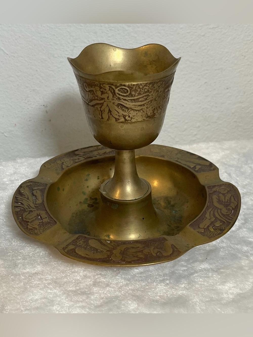 Vintage Korean Brass Pedestal Ashtray Candle Holder Engraved Floral Korea
